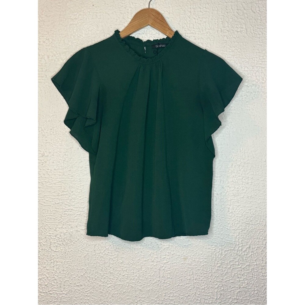 Boohoo Emerald Green Ruffle Neck Flutter Sleeve Top